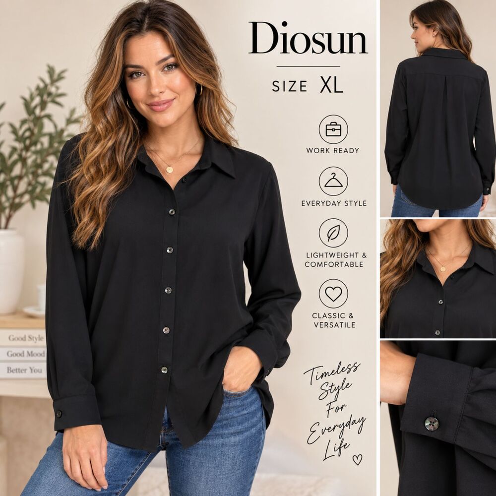 Diosun Womens XL Black Button Down Blouse Long Sleeve Stretch Work Shirt